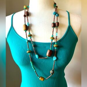 Beautiful Turquoise Stone and Wood Adjustable Necklace